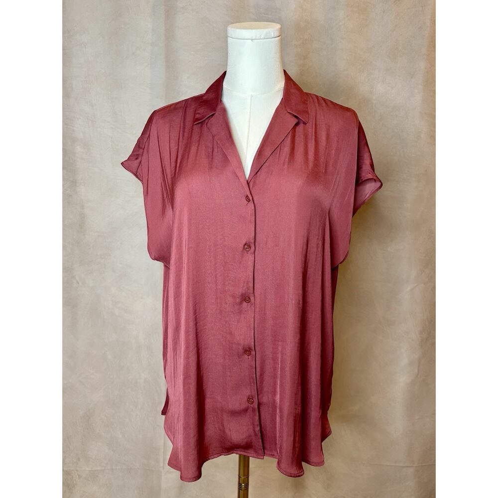Nine West Blouse Women’s L Mauve Button Front Short Sleeve Flowy Top